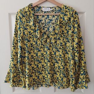 Tanya Taylor Yellow Blue Floral Print Silk Ruffle Staci Top Blouse Size 2